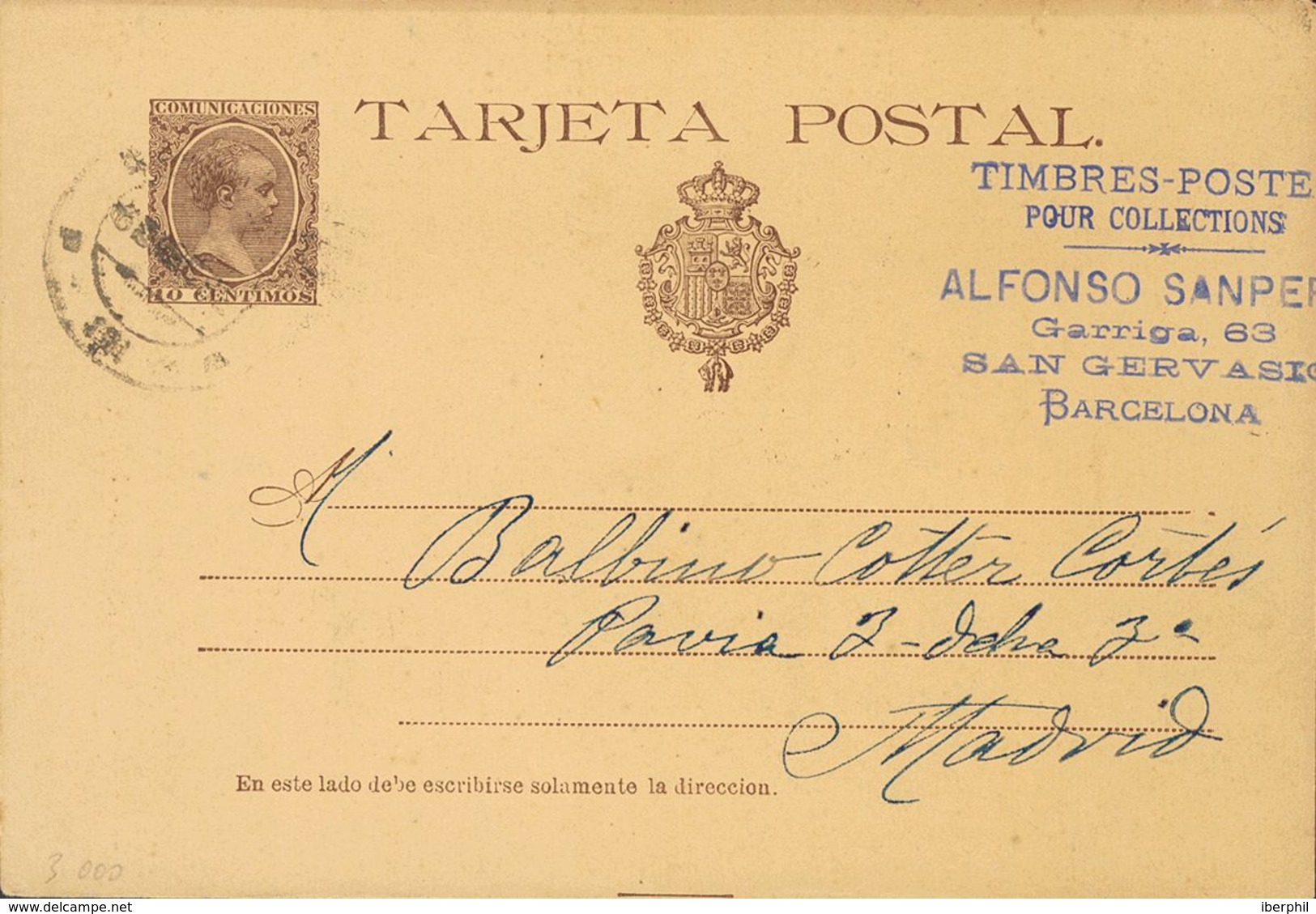 Sobre EP27. 1892. 10 Cts Castaño Sobre Tarjeta Entero Postal Con Membrete Estampado Del Comerciante Filatélico Alfonso S - Autres & Non Classés