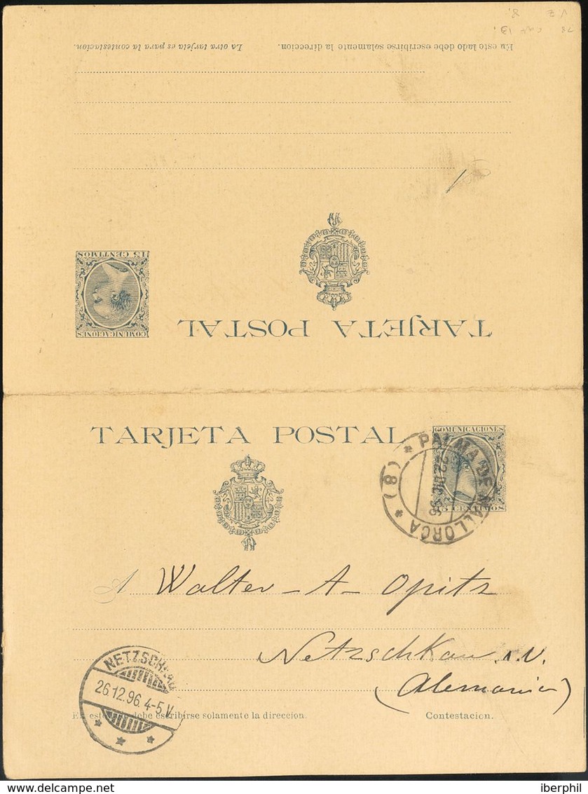 Sobre EP28. 1896. 15 Cts+15 Cts Azul Gris Sobre Tarjeta Entero Postal De Ida Y Vuelta, La Vuelta Circulada De PALMA DE M - Andere & Zonder Classificatie