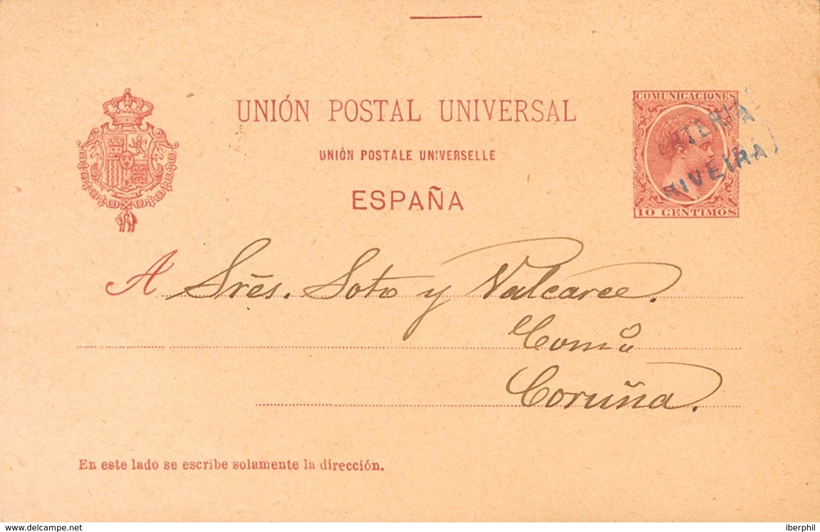 Sobre EP31. 1899. 10 Cts Carmín Sobre Tarjeta Entero Postal De RIVEIRA (CORUÑA) A LA CORUÑA. Matasello CARTERIA / RIVEIR - Andere & Zonder Classificatie