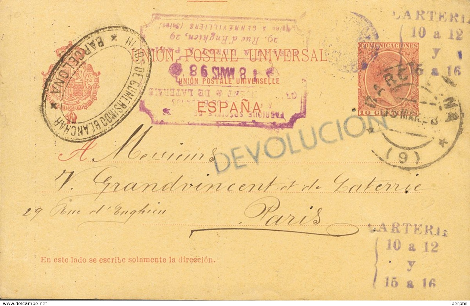 Sobre EP31. 1898. 10 Cts Carmín Sobre Tarjeta Entero Postal De BARCELONA A PARIS (FRANCIA). Matasello Especial CARTERIA  - Autres & Non Classés