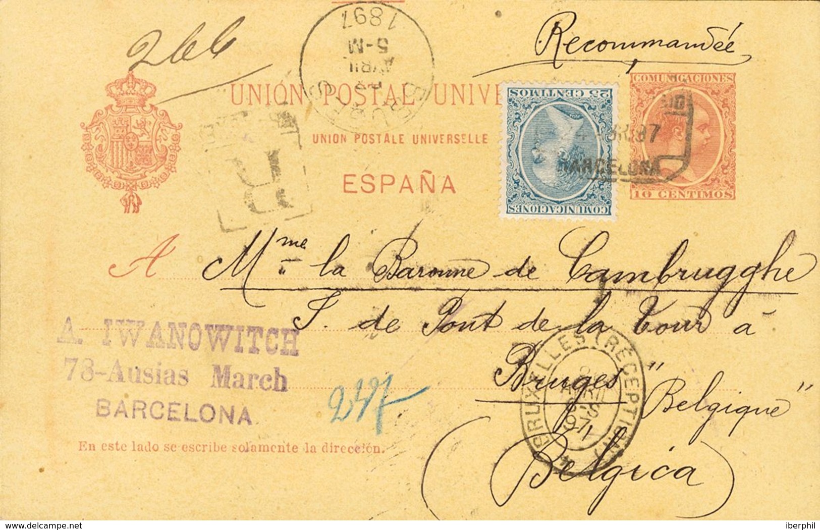 Sobre EP31, 221. 1897. 10 Cts Carmín Sobre Tarjeta Entero Postal Certificada De BARCELONA A BRUJAS (BELGICA), Con Franqu - Other & Unclassified