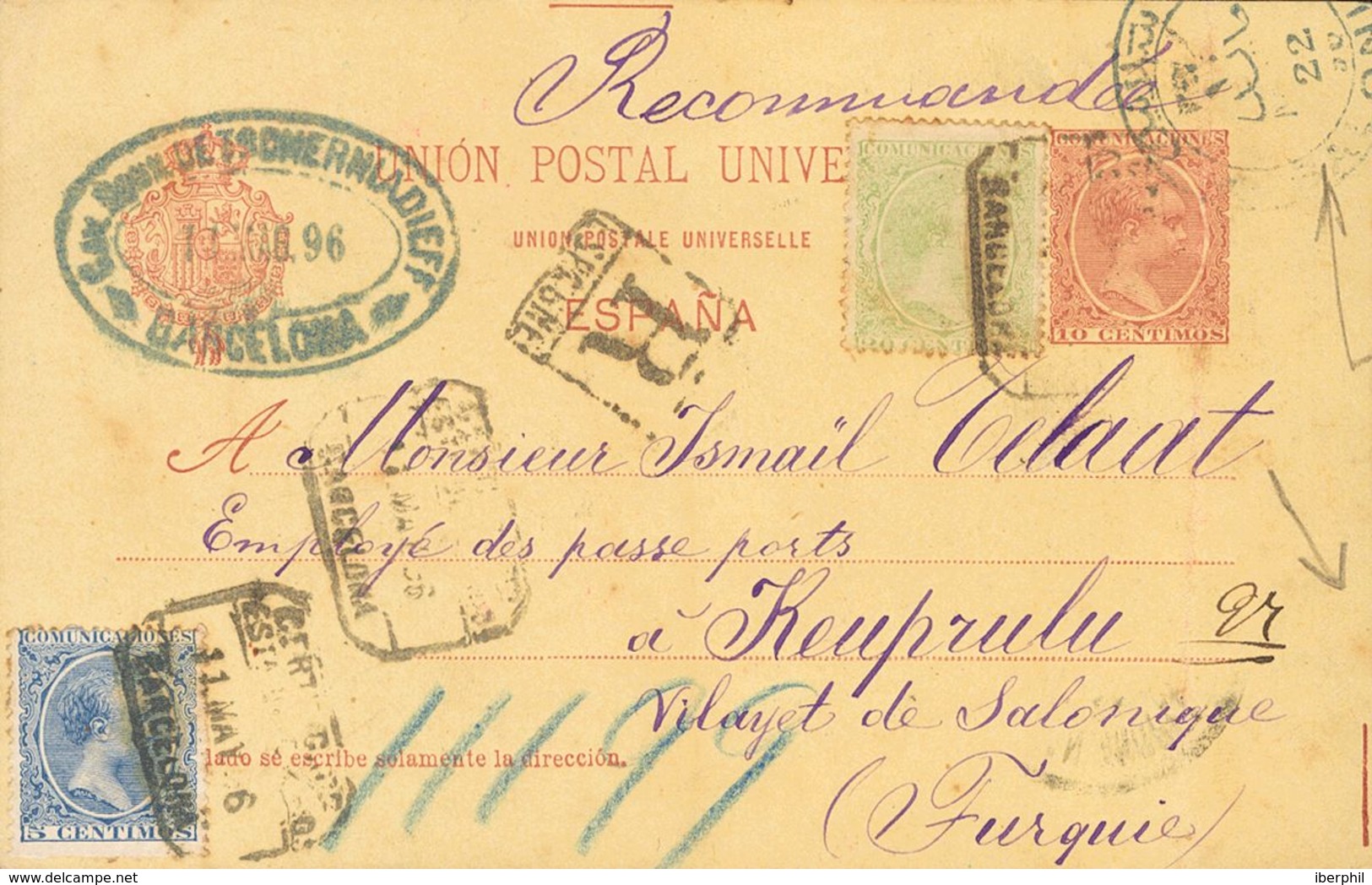 Sobre EP31, 215, 220. 1896. 10 Cts Carmín Sobre Tarjeta Entero Postal Certificada De BARCELONA A KEUPRULU (VALIATO DE SA - Sonstige & Ohne Zuordnung