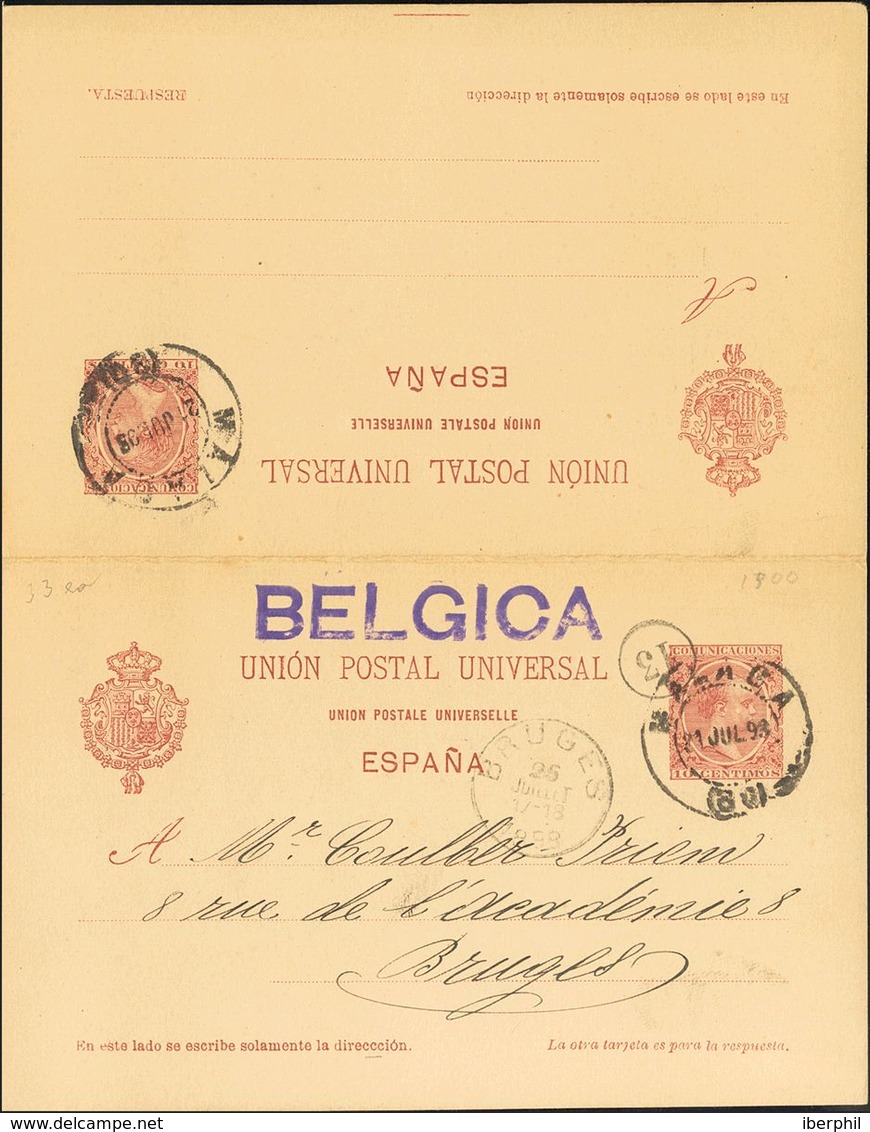 Sobre EP33. 1898. 10 Cts+10 Cts Carmín Sobre Tarjeta Entero Postal De Ida Y Vuelta, La Ida Circulada De MALAGA A BRUJAS  - Andere & Zonder Classificatie