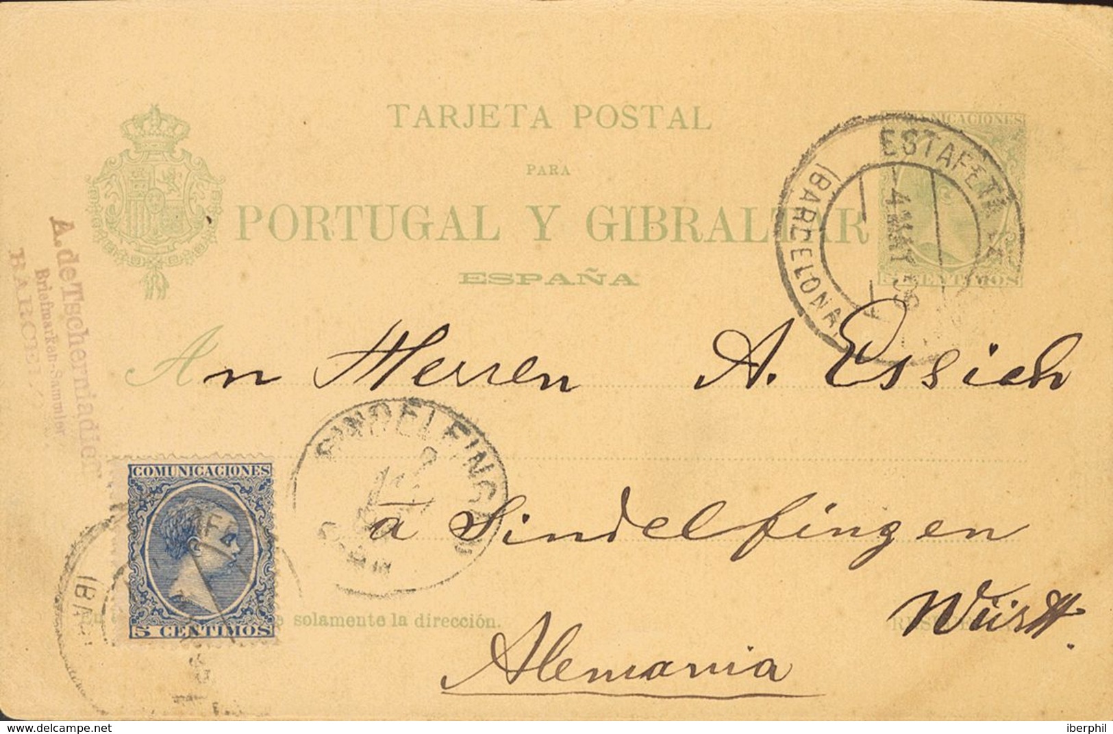 Sobre EP34, 215. 1899. 5 Cts Verde Sobre Tarjeta Entero Postal De BARCELONA A SINDELFINGEN (ALEMANIA), Con Franqueo Comp - Other & Unclassified