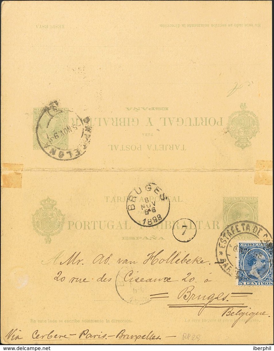 Sobre EP35. 1898. 5 Cts+5 Cts Verde Sobre Tarjeta Entero Postal De Ida Y Vuelta, La Ida Circulada De BARCELONA A BRUJAS  - Autres & Non Classés