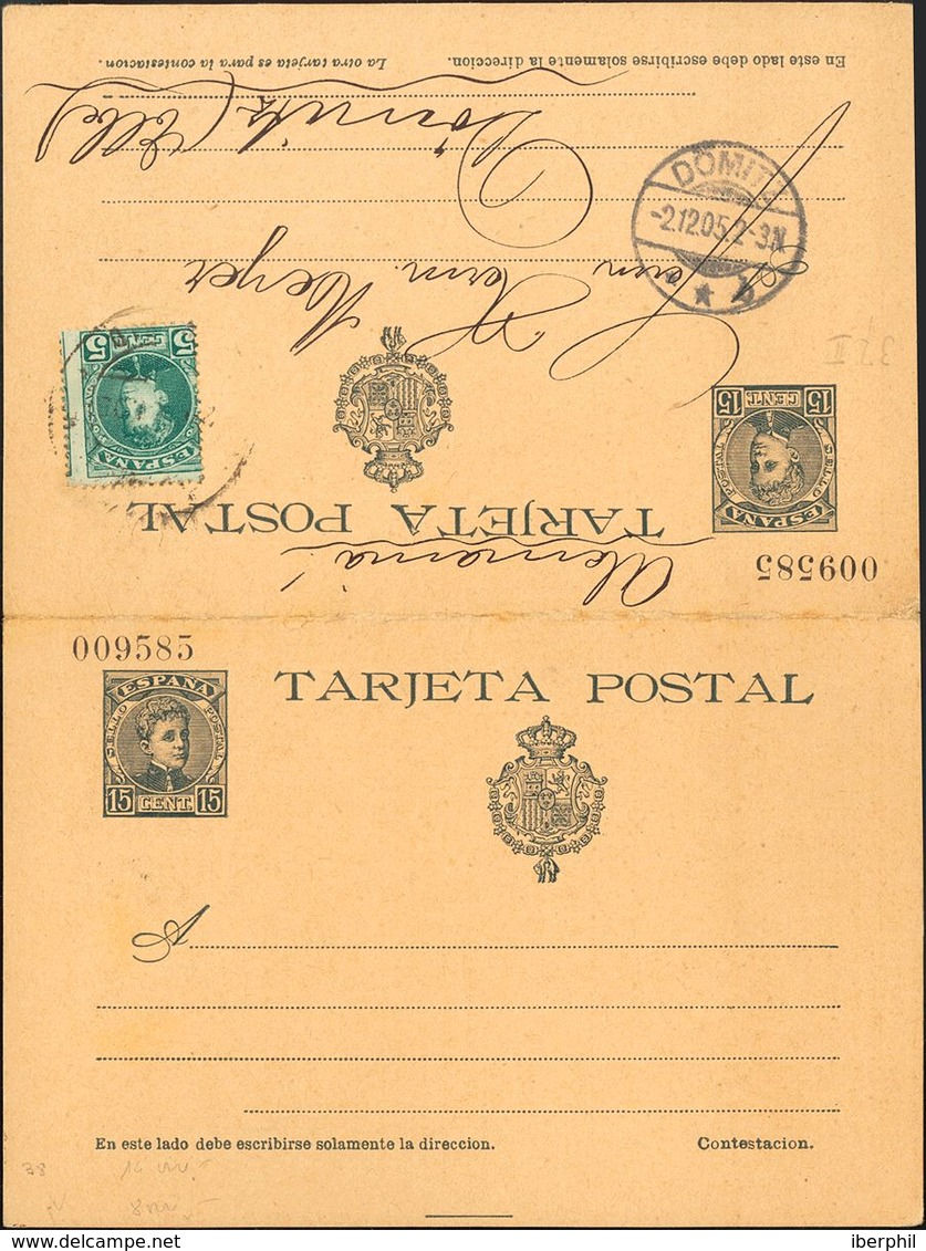 Sobre EP38. 1905. 15 Cts+15 Cts Pizarra Sobre Tarjeta Entero Postal De Ida Y Vuelta, La Ida Circulada A DONITZ (ALEMANIA - Other & Unclassified