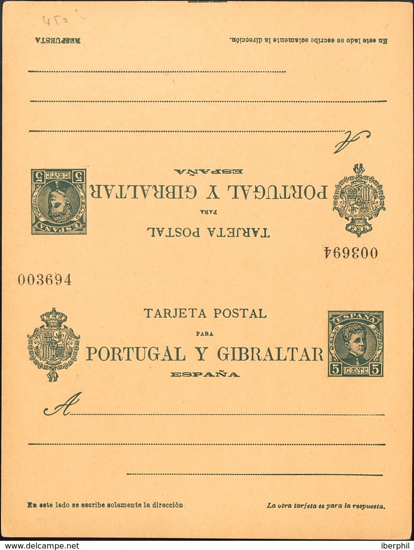 **EP44. 1903. 5 Cts + 5 Cts Verde Azul Sobre Tarjeta Entero Postal De Ida Y Vuelta (sin Plegar). MAGNIFICA. (Láiz 2006,  - Sonstige & Ohne Zuordnung