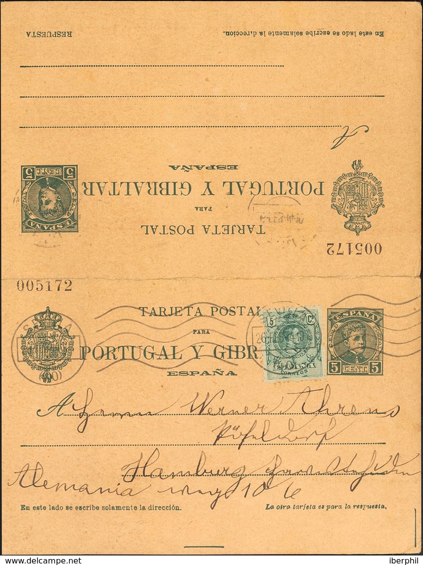 Sobre EP44. 1910. 5 Cts+5 Cts Verde Azul Sobre Tarjeta Entero Postal De Ida Y Vuelta, La Ida Circulada De SEVILLA A HAMB - Autres & Non Classés