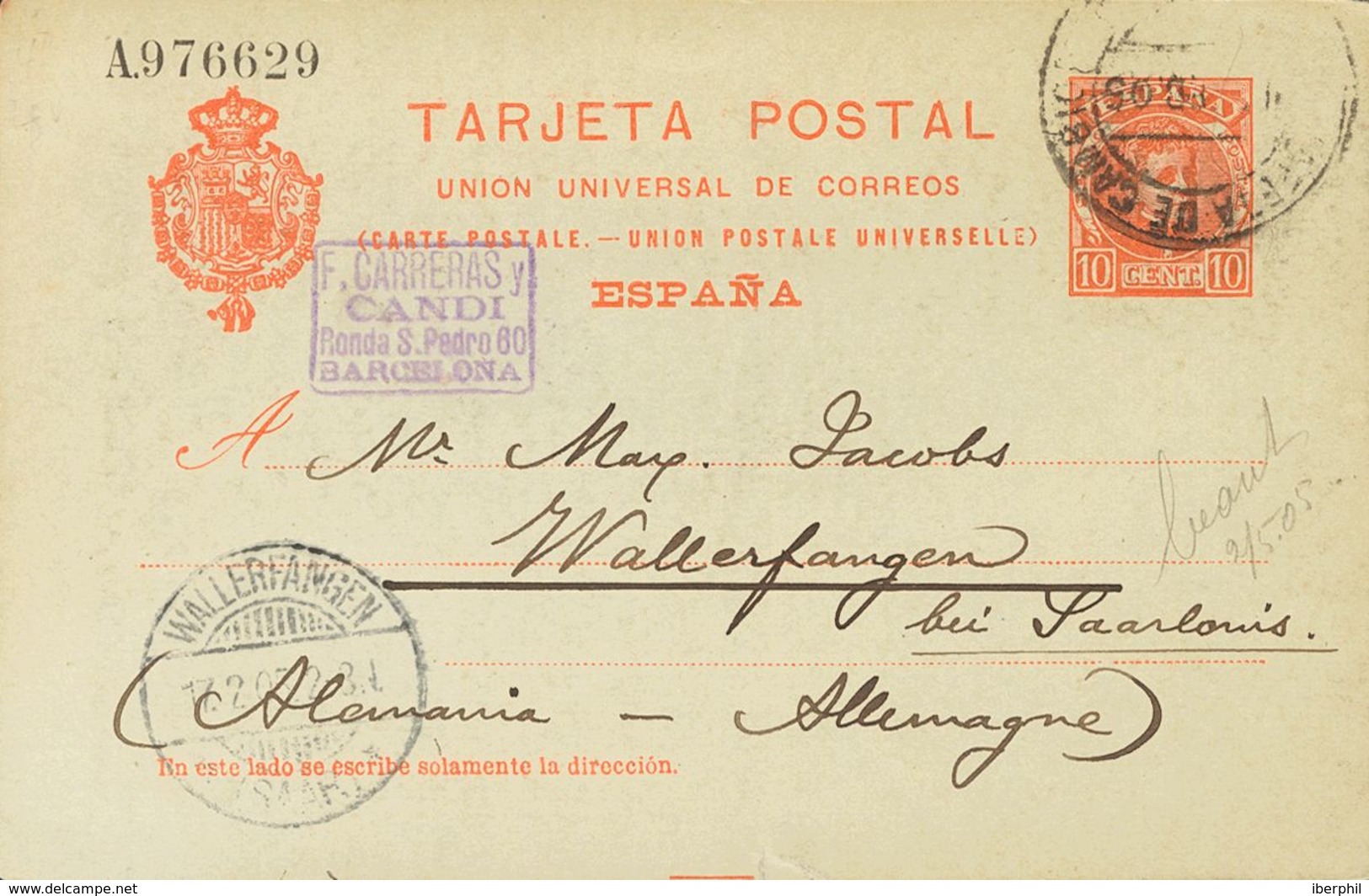 Sobre EP47. 1905. 10 Cts Naranja Sobre Tarjeta Entero Postal Con Membrete Estampado F.CARRERAS Y / CANDI De BARCELONA A  - Andere & Zonder Classificatie