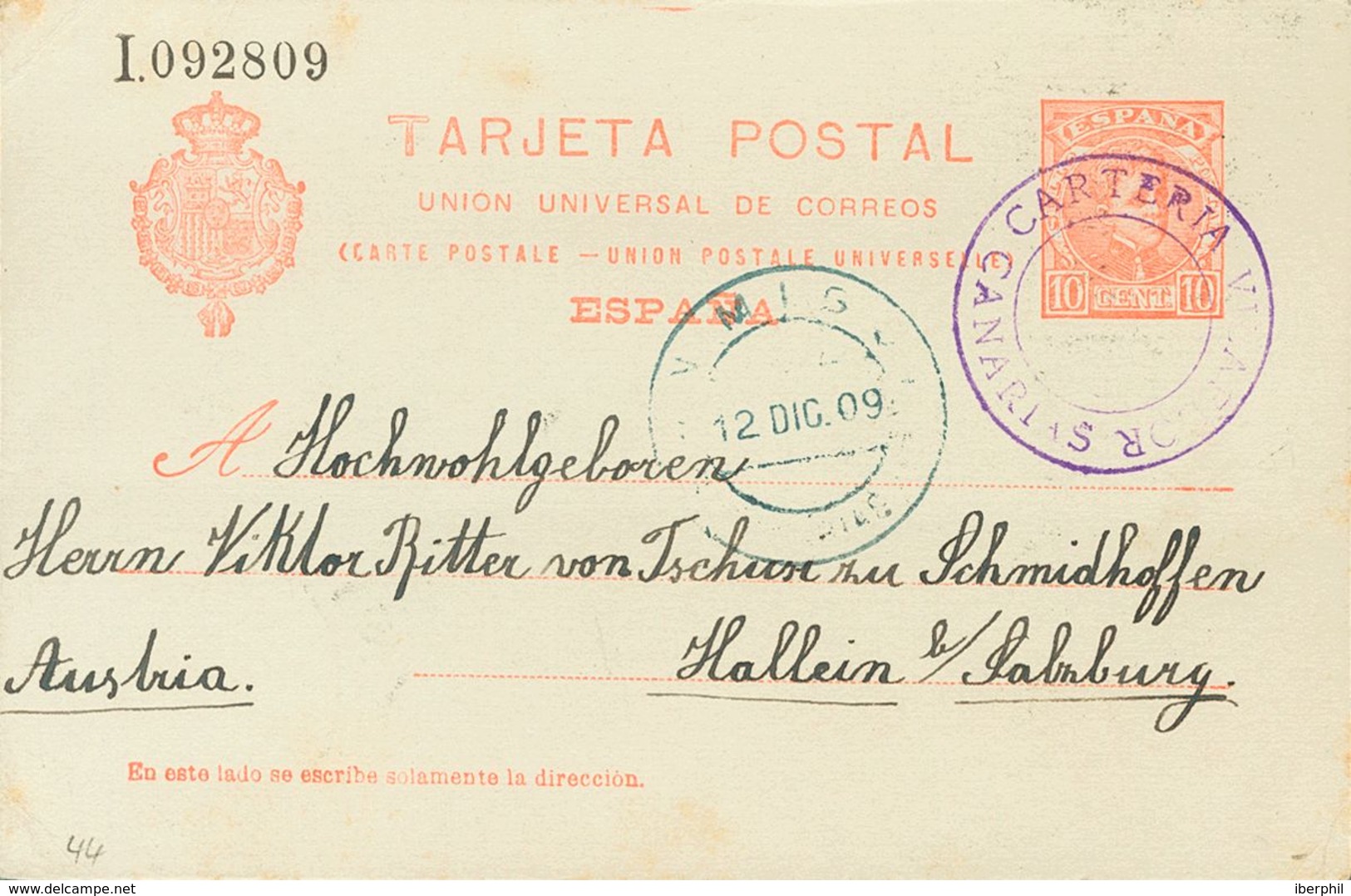 Sobre EP47. 1909. 10 Cts Naranja Sobre Tarjeta Entero Postal De VILLAFLOR A HALLEIN (AUSTRIA). Matasello Especial CARTER - Andere & Zonder Classificatie