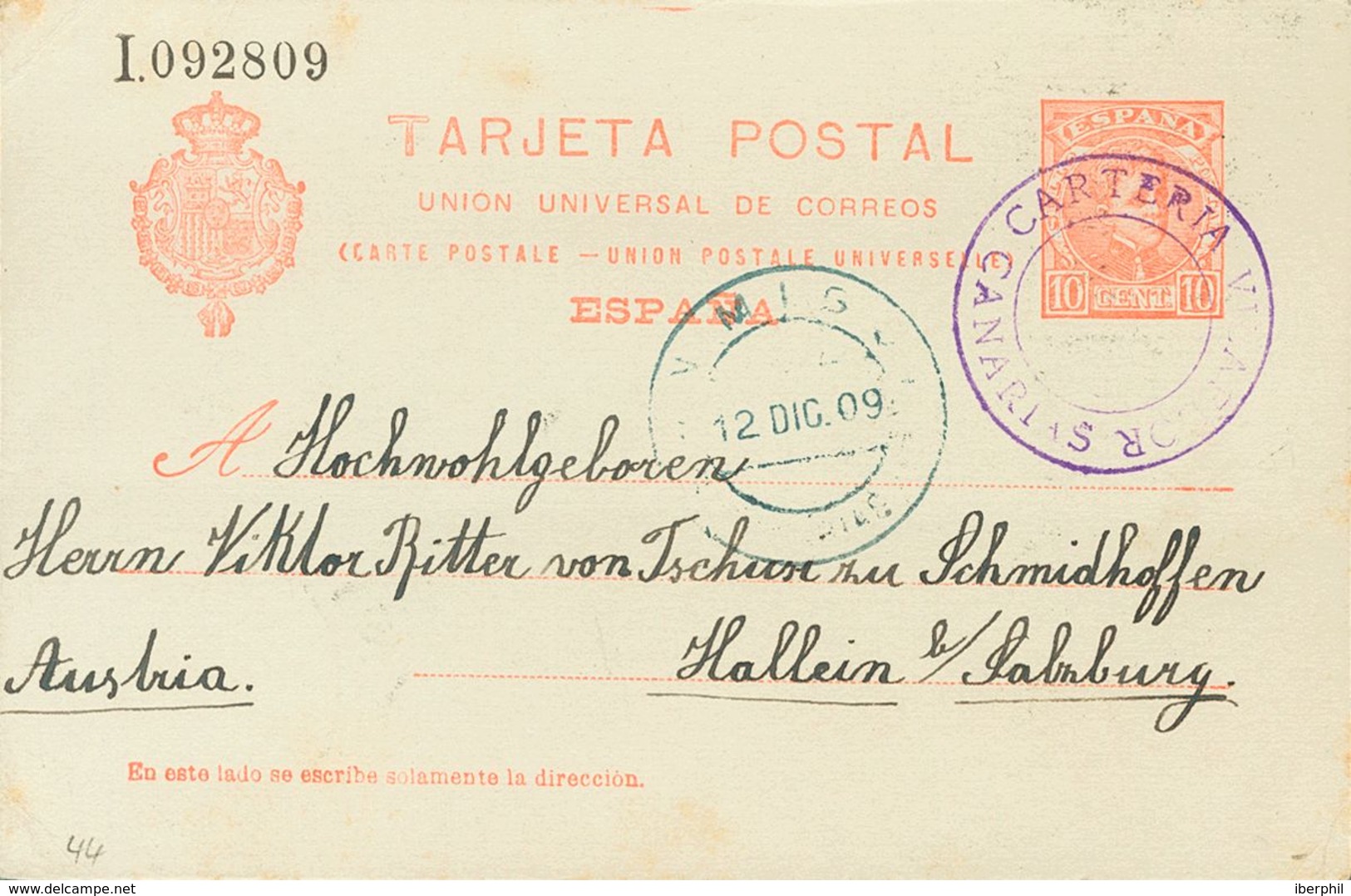 Sobre EP47. 1909. 10 Cts Naranja Sobre Tarjeta Entero Postal De VILLAFLOR A HALLEIN (AUSTRIA). Matasello Especial CARTER - Other & Unclassified