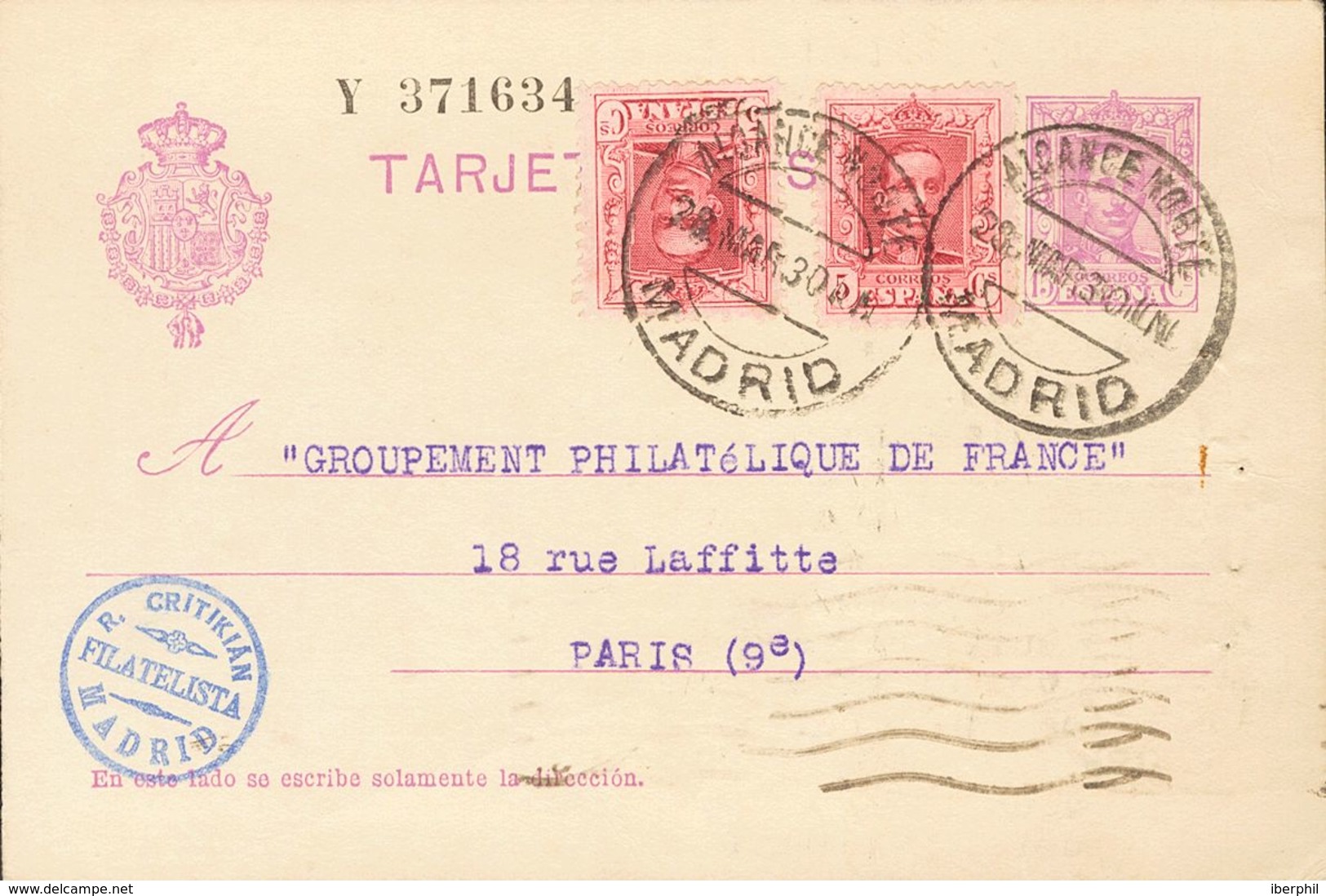 Sobre EP57, 312(2). 1930. 15 Cts Lila Sobre Tarjeta Entero Postal De MADRID A PARIS (FRANCIA), Con Franqueo Complementar - Andere & Zonder Classificatie