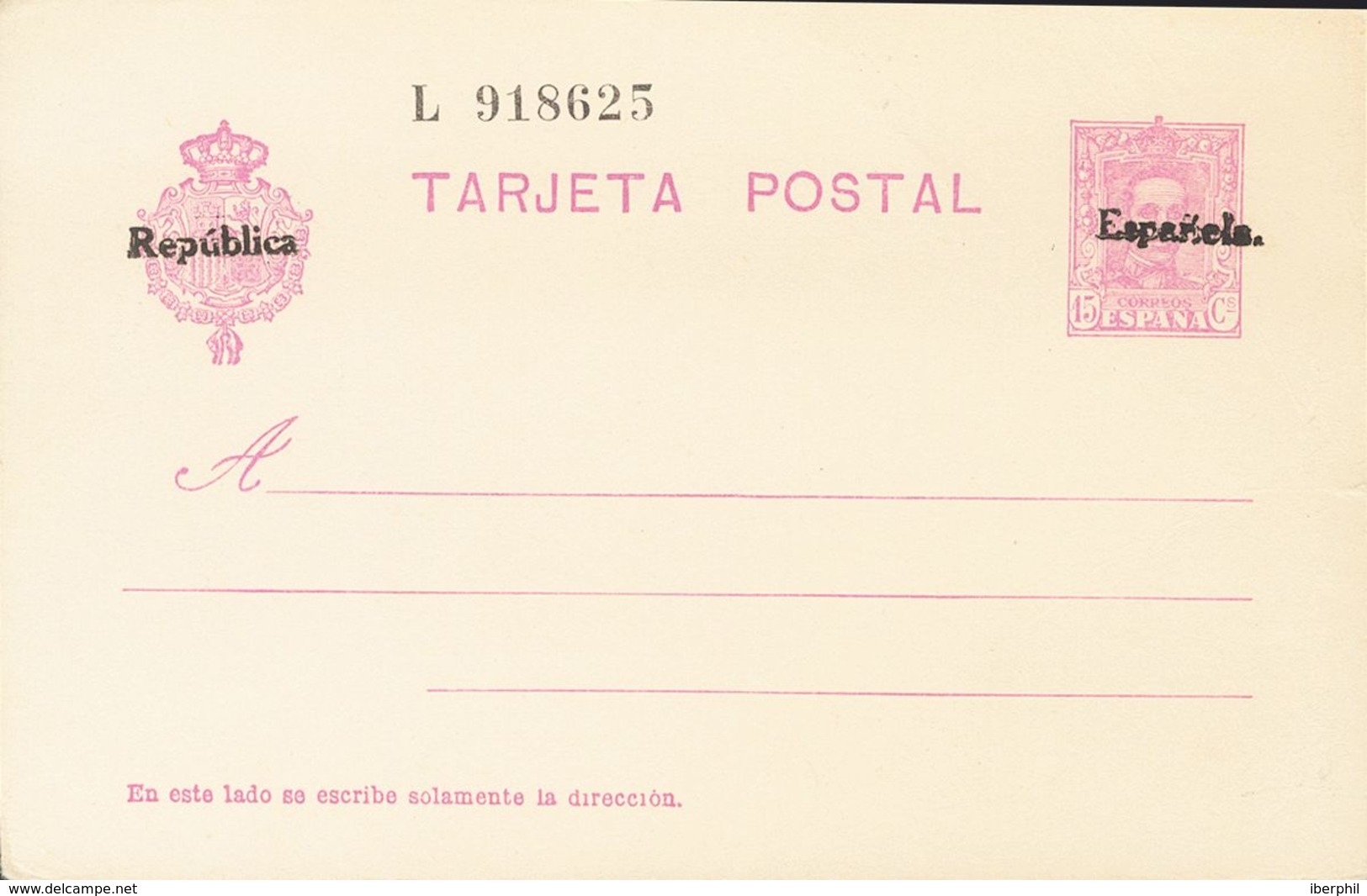 (*)EP66. 1931. 15 Cts Lila (sobrecarga Manual) Sobre Tarjeta Entero Postal. MAGNIFICA. Edifil 2019: 102 Euros - Autres & Non Classés