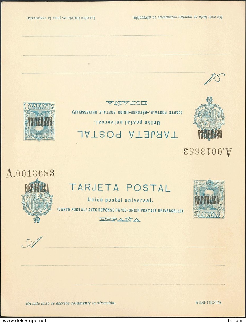 (*)EPB8. 1931. 25 Cts + 25 Cts Azul Sobre Tarjeta Entero Postal De Ida Y Vuelta (sin Doblar). Sobrecarga REPUBLICA, De B - Autres & Non Classés