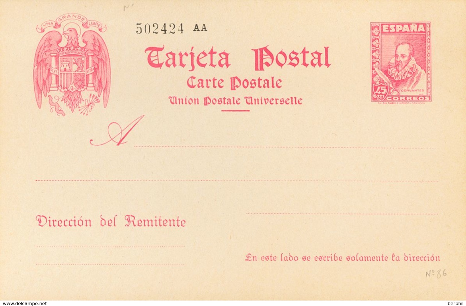 (*)EP84. 1938. 45 Cts Carmín Sobre Tarjeta Entero Postal. MAGNIFICA. Edifil 2019: 139 Euros - Autres & Non Classés