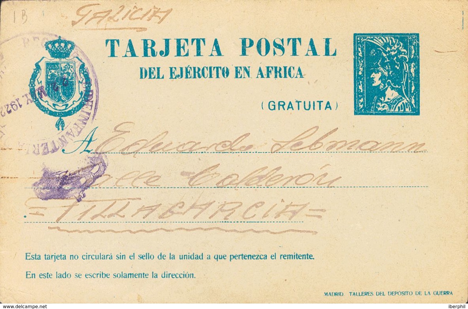 Sobre EPM2A. 1922. Sin Valor, Azul. Tarjeta Entero Postal Militar Del Ejército En Africa De MONTE-MAGAN A VILLAGARCIA DE - Autres & Non Classés