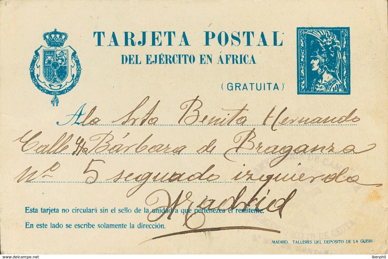 Sobre EPM2A. 1921. Sin Valor, Azul. Tarjeta Entero Postal Militar Del Ejército En Africa De TETUAN A MADRID. En El Frent - Otros & Sin Clasificación