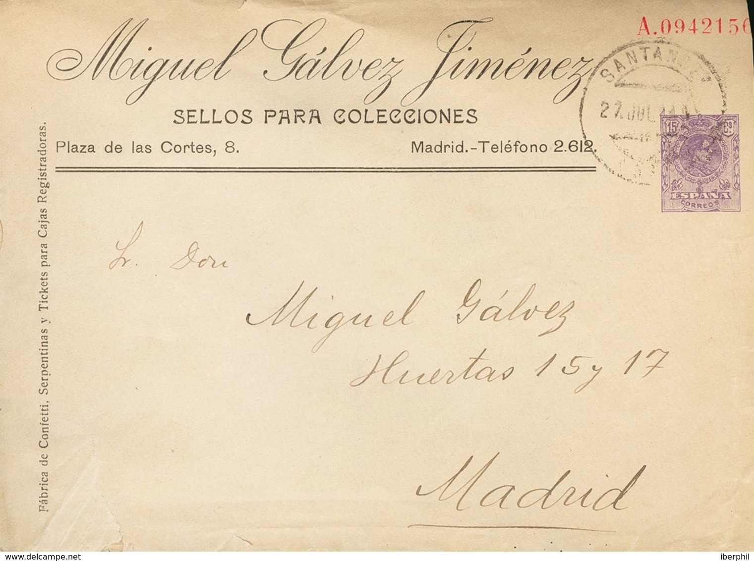 Sobre EP258. 1917. 15 Cts Violeta Sobre Entero Postal Privado MIGUEL GALVEZ De SANTANDER A MADRID. Al Dorso Llegada. MAG - Andere & Zonder Classificatie