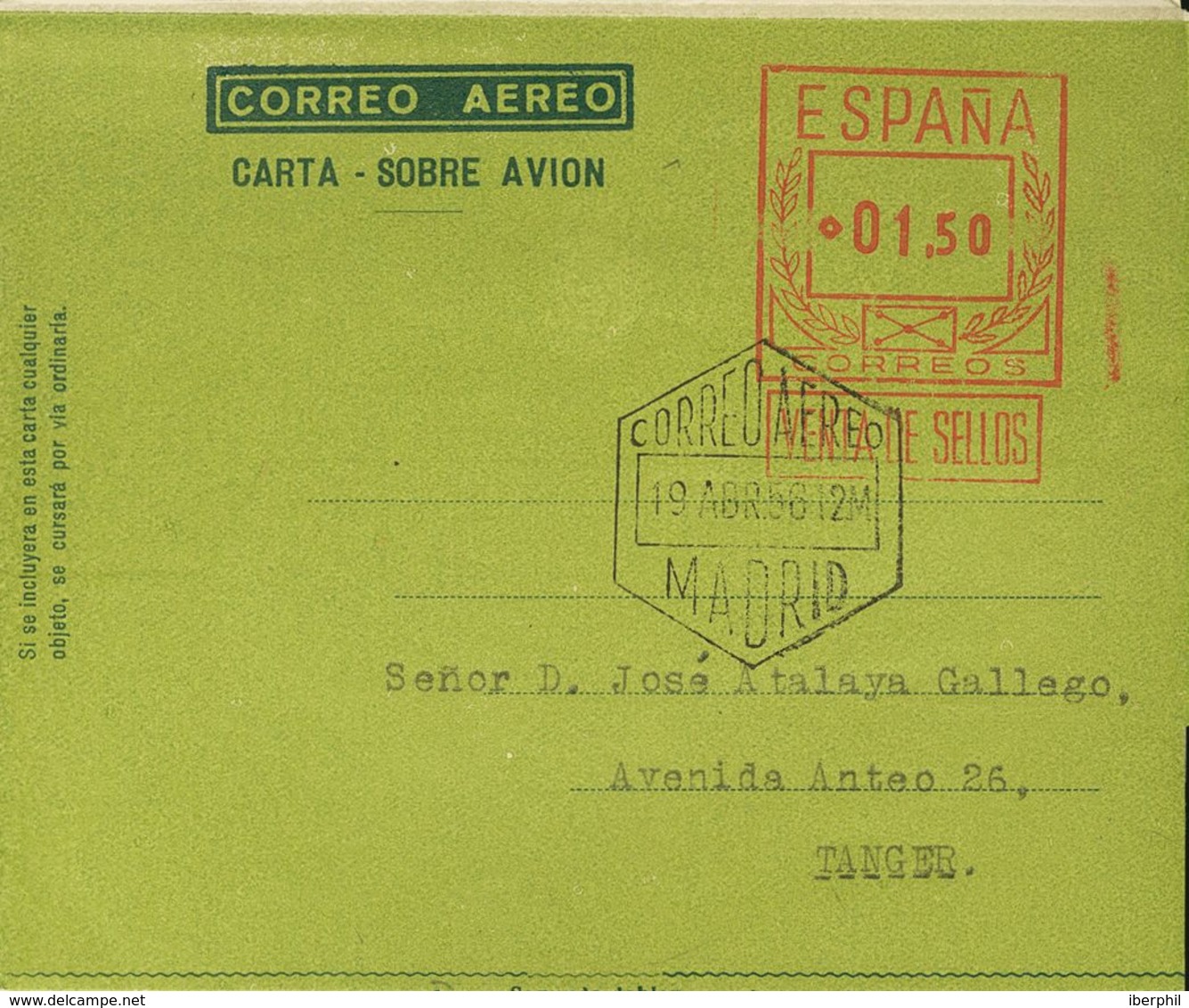 Sobre AE7cca. 1956. 1'50 Pts Sobre Aerograma (Tipo I). ENSAYO DE COLOR, En Verde Brillante. MADRID A TANGER. MAGNIFICO. - Autres & Non Classés