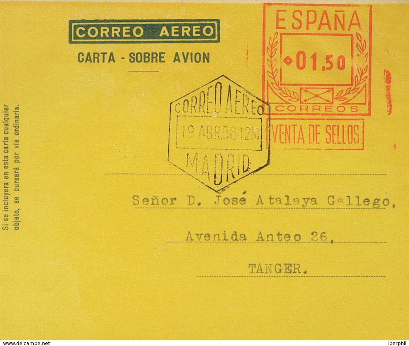 Sobre AE57ccc. 1956. 1'50 Pts Sobre Aerograma (Tipo I). ENSAYO DE COLOR, En Amarillo. MADRID A TANGER. MAGNIFICO. - Other & Unclassified