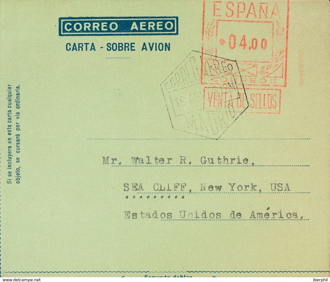 ºAE58cc. 1956. 4 Pts Sobre Aerograma. ENSAYO DE COLOR, En Verde Claro. MADRID A NUEVA YORK (U.S.A.). MAGNIFICO. Edifil 2 - Other & Unclassified