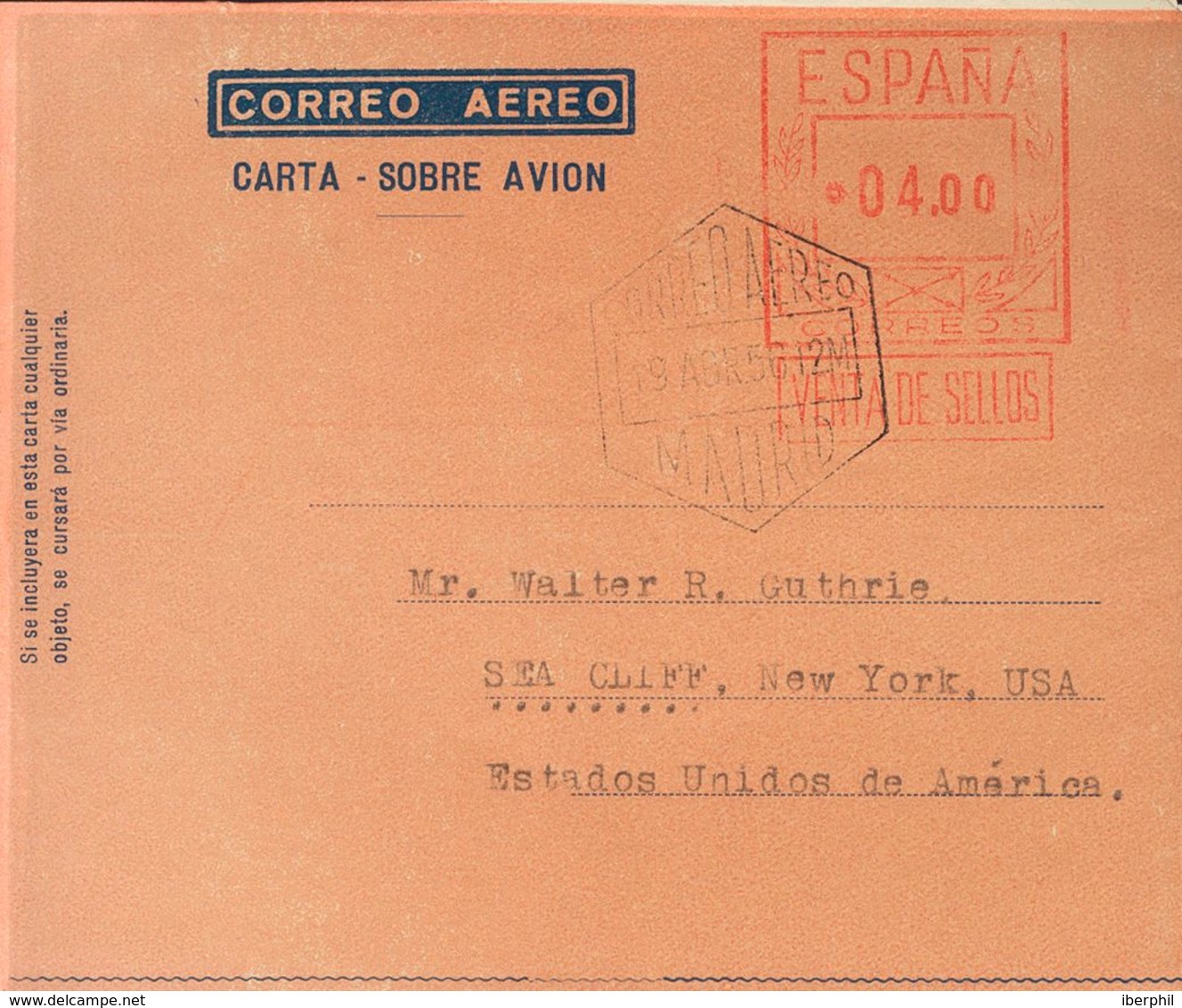 Sobre AE58ccb. 1956. 4 Pts Sobre Aerograma. ENSAYO DE COLOR, En Salmón. MADRID A NUEVA YORK (U.S.A.). MAGNIFICO. - Other & Unclassified