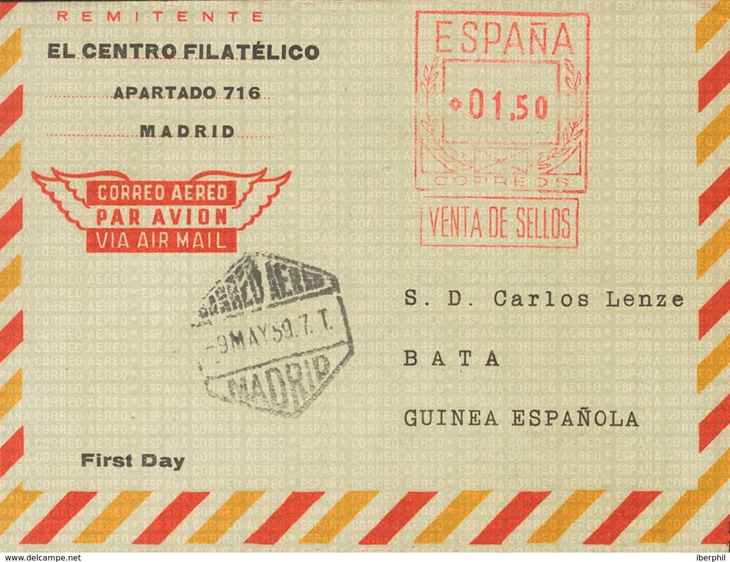 Sobre AE72. 1959. 1'50 Pts Sobre Aerograma. MADRID A BATA (GUINEA). Al Dorso Llegada. MAGNIFICO Y RARO. Edifil 2017: 103 - Other & Unclassified