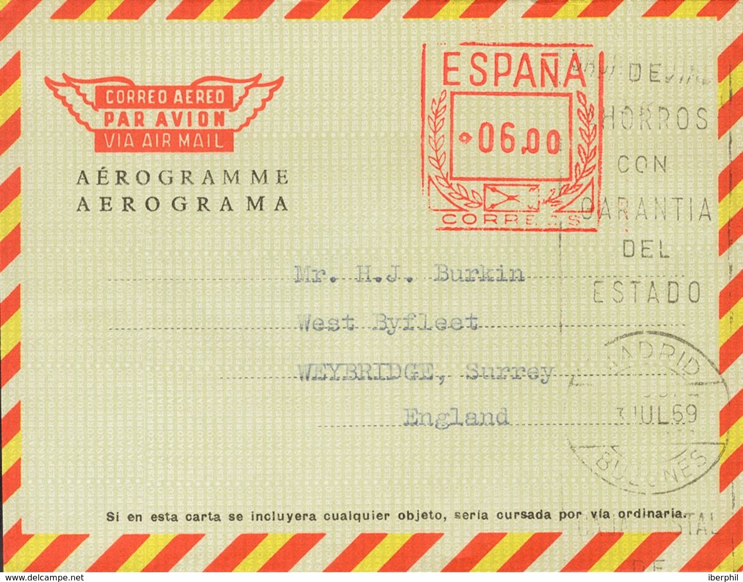 Sobre AE101. 1969. 6 Pts Sobre Aerograma (Tipo II Sin Precio). MADRID A WEYBRIDGE (INGLATERRA). MAGNIFICO Y MUY RARO CIR - Other & Unclassified