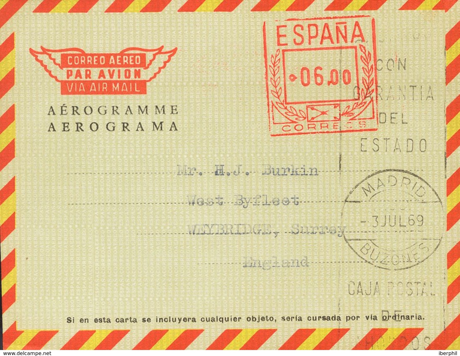 (*)AE101. 1969. 6 Pts Sobre Aerograma (Tipo K Sin Precio). MADRID A WEYBRIDGE (INGLATERRA). MAGNIFICO. (Láiz 2006, 340 E - Autres & Non Classés