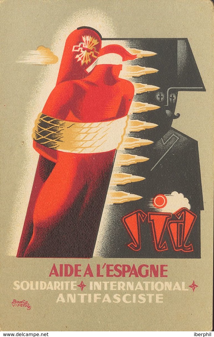 (*). 1937. Tarjeta Postal Ilustrada De S.I.A. AIDE A L'ESPAGNE. MAGNIFICA Y RARISIMA. - Autres & Non Classés