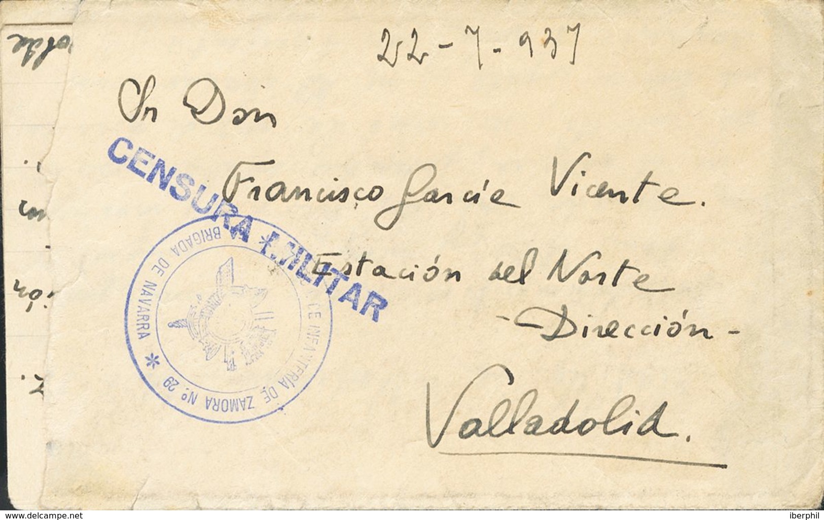 Sobre . 1937. CASTILLO DE VILLAFRANCA (FRENTE DE BRUNETE) A VALLADOLID, Carta Con Texto Interior Que Remite El Alférez I - Autres & Non Classés