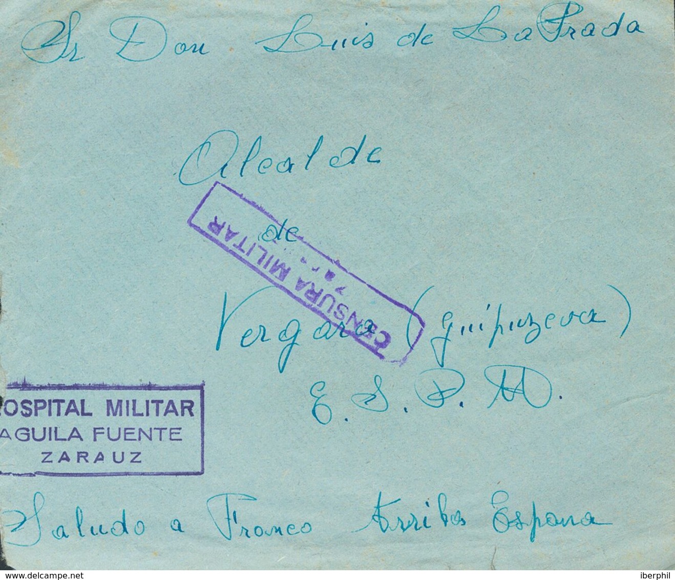 Sobre . (1938ca). ZARAUTZ A VERGARA. Marca HOSPITAL MILITAR / AGUILA FUENTE / ZARAUZ, En Violeta. MAGNIFICA Y MUY RARA. - Sonstige & Ohne Zuordnung