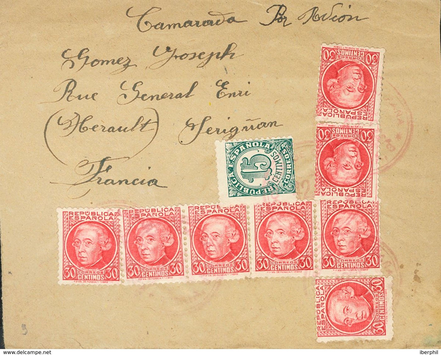 Sobre 687(8), 747. (1938ca). 30 Cts Carmín, Ocho Sellos Y 15 Cts Verde. Dirigida A SERIGNAN (FRANCIA). Matasello CORREO  - Andere & Zonder Classificatie