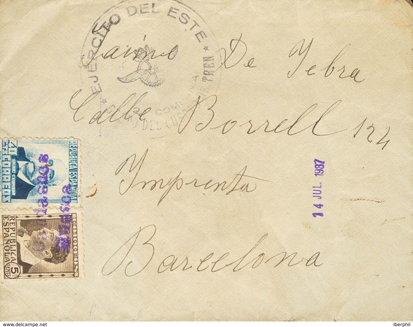 Sobre 670, 681. 1937. 5 Cts Castaño Y 40 Cts Azul. CANDASNOS (HUESCA) A BARCELONA. Matasello CANDASNOS / HUESCA, En Viol - Other & Unclassified