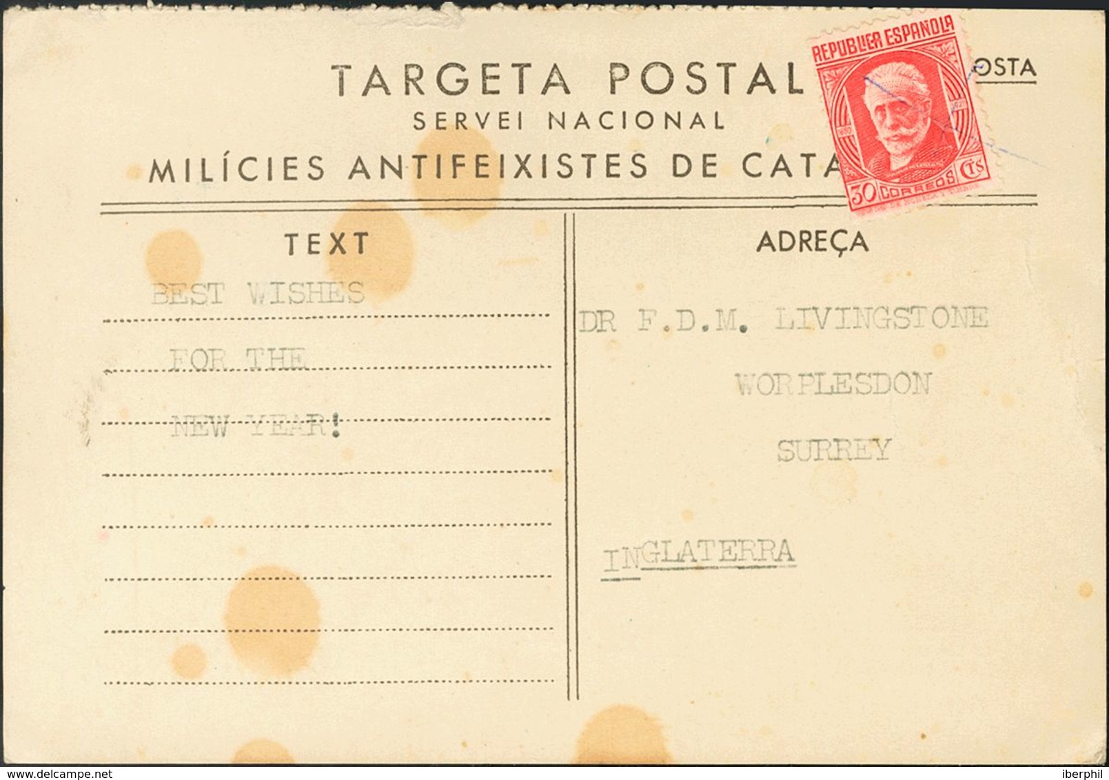 Sobre 734. (1937ca). 30 Cts Rojo. Tarjeta Postal Del SERVEI NACIONAL MILICIES ANTIFEXISTES DE CATALUÑA A WORPLESDON (GRA - Andere & Zonder Classificatie