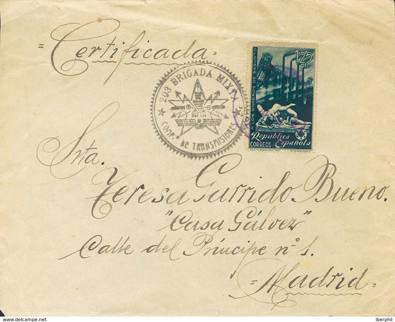 Sobre 774. 1938. 1'25 Pts Azul. Certificado Dirigido A MADRID. Matasello De Correo De Campaña (poco Visible), En Violeta - Sonstige & Ohne Zuordnung