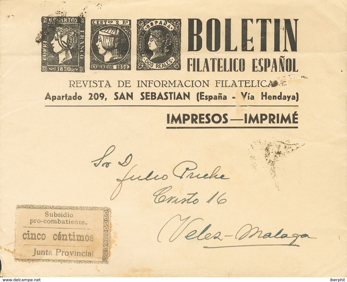 Sobre . 1937. 5 Cts Negro SUBSIDIO PRO COMBATIENTES, Guipuzcoa. Sobre Con Membrete BOLETIN FILATELICO ESPAÑOL De SAN SEB - Sonstige & Ohne Zuordnung