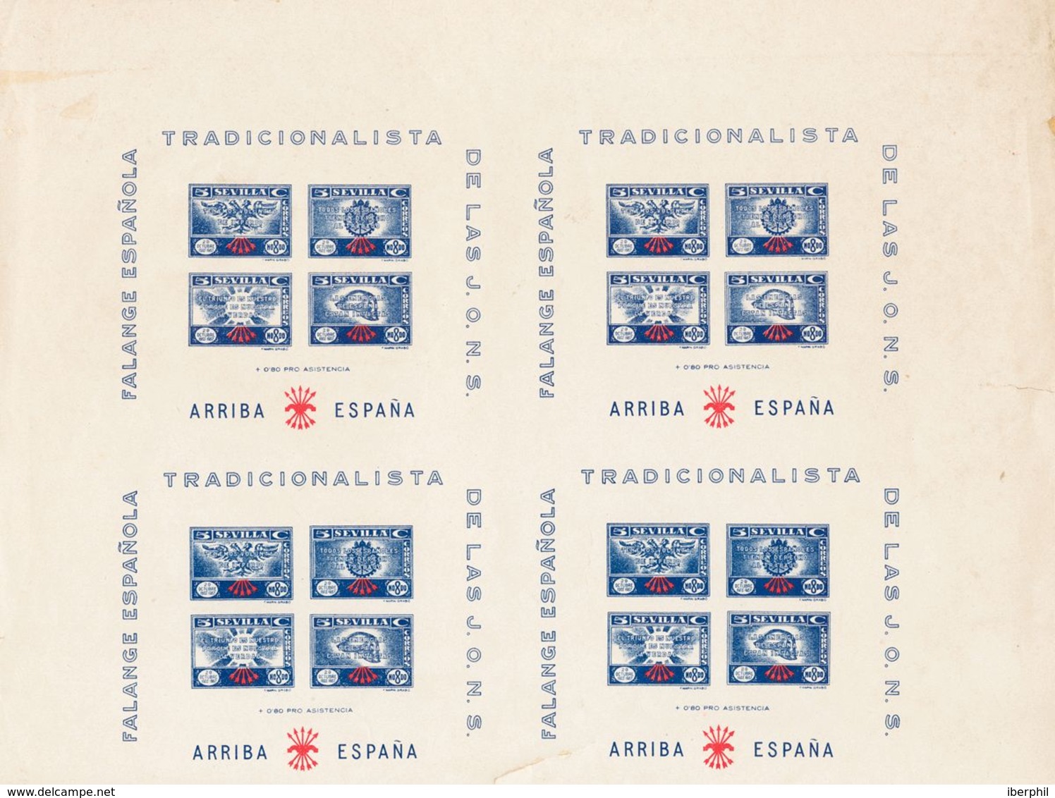**/(*). 1937. Espectacular Conjunto De Hojas Bloque De Sevilla De Falange, De Los Valores De 5 Cts Azul Y 5 Cts Violeta  - Other & Unclassified