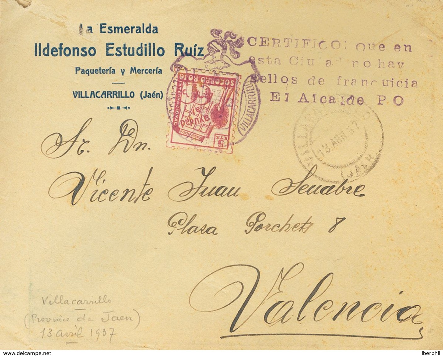 Sobre . 1937. 5 Cts Lila. VILLACARRILLO (JAEN) A VALENCIA. Matasello ALCALDIA / VILLACARRILLO, En Violeta Y Tampón CERTI - Sonstige & Ohne Zuordnung
