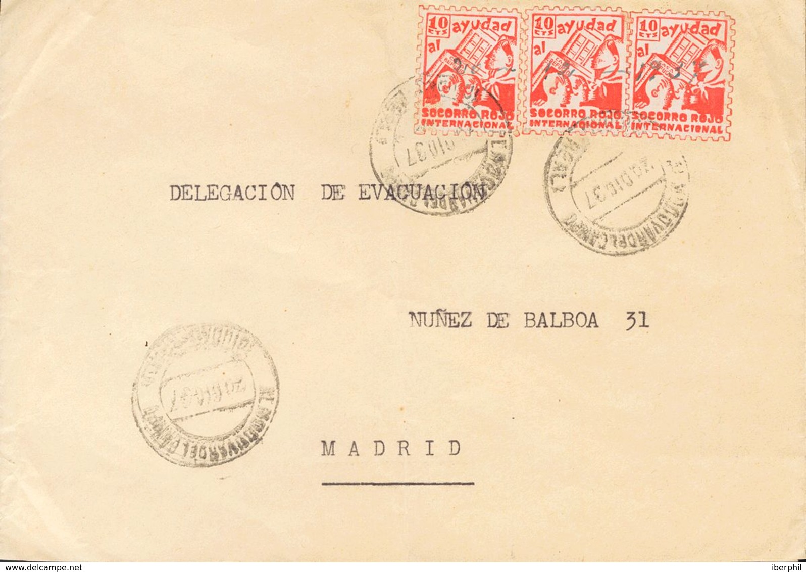 Sobre . 1937. 10 Cts Rojo AYUDAD AL S.R.I., Tres Sellos. ALMODOVAR DEL CAMPO (CIUDAD-REAL) A MADRID. Al Dorso Indicación - Andere & Zonder Classificatie