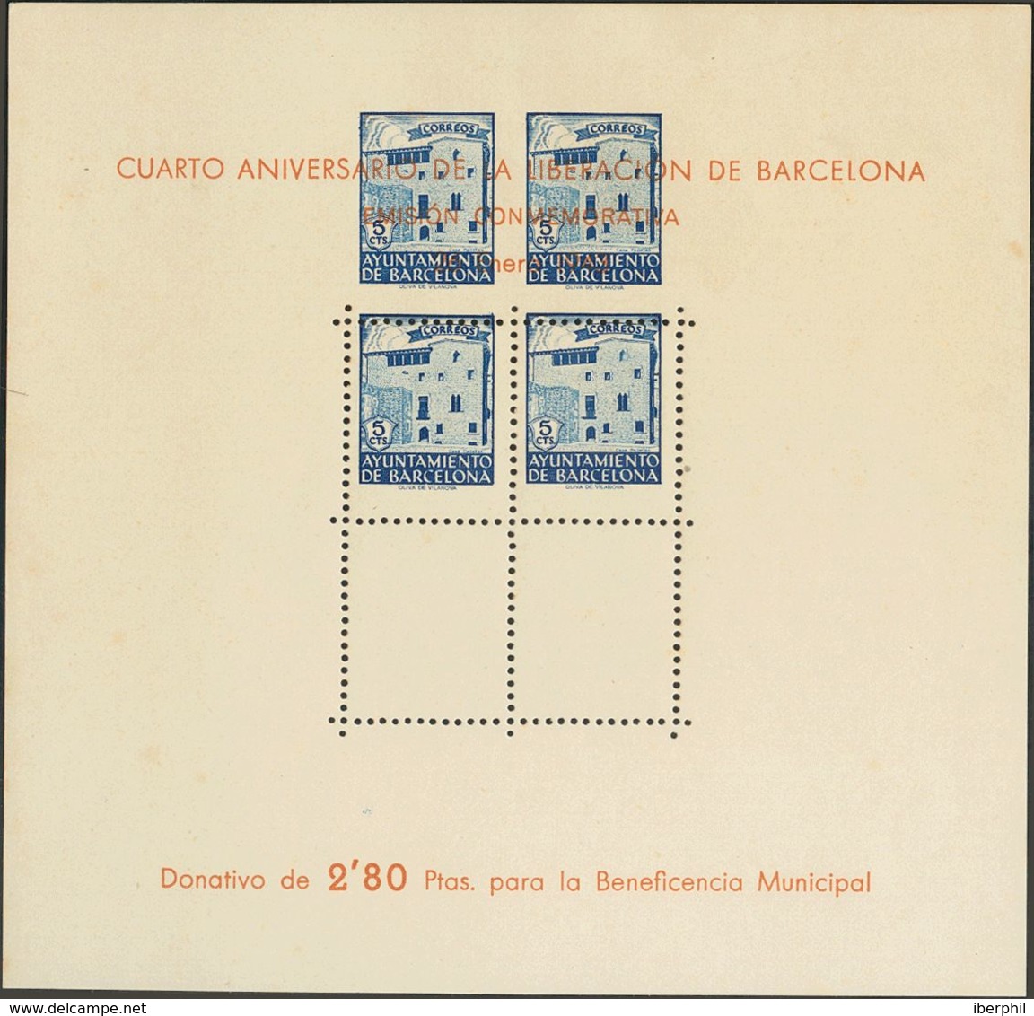 *48ic. 1940. 5 Cts Azul, Hoja Bloque. Variedad IMPRESION DE LOS SELLOS DESPLAZADA HACIA ARRIBA. MAGNIFICA. - Autres & Non Classés