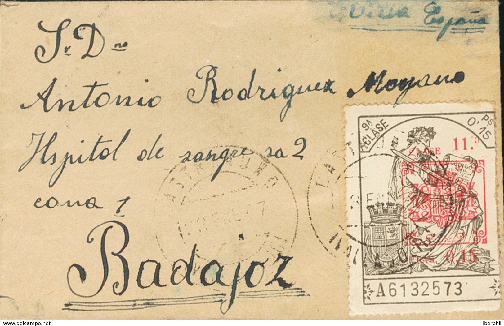 Sobre . 1937. 15 Cts Sobre 15 Cts Castaño Negro. BOVEDA DE TORO (ZAMORA) A BADAJOZ. Matasello CASTRONUÑO / (VALLADOLID). - Autres & Non Classés