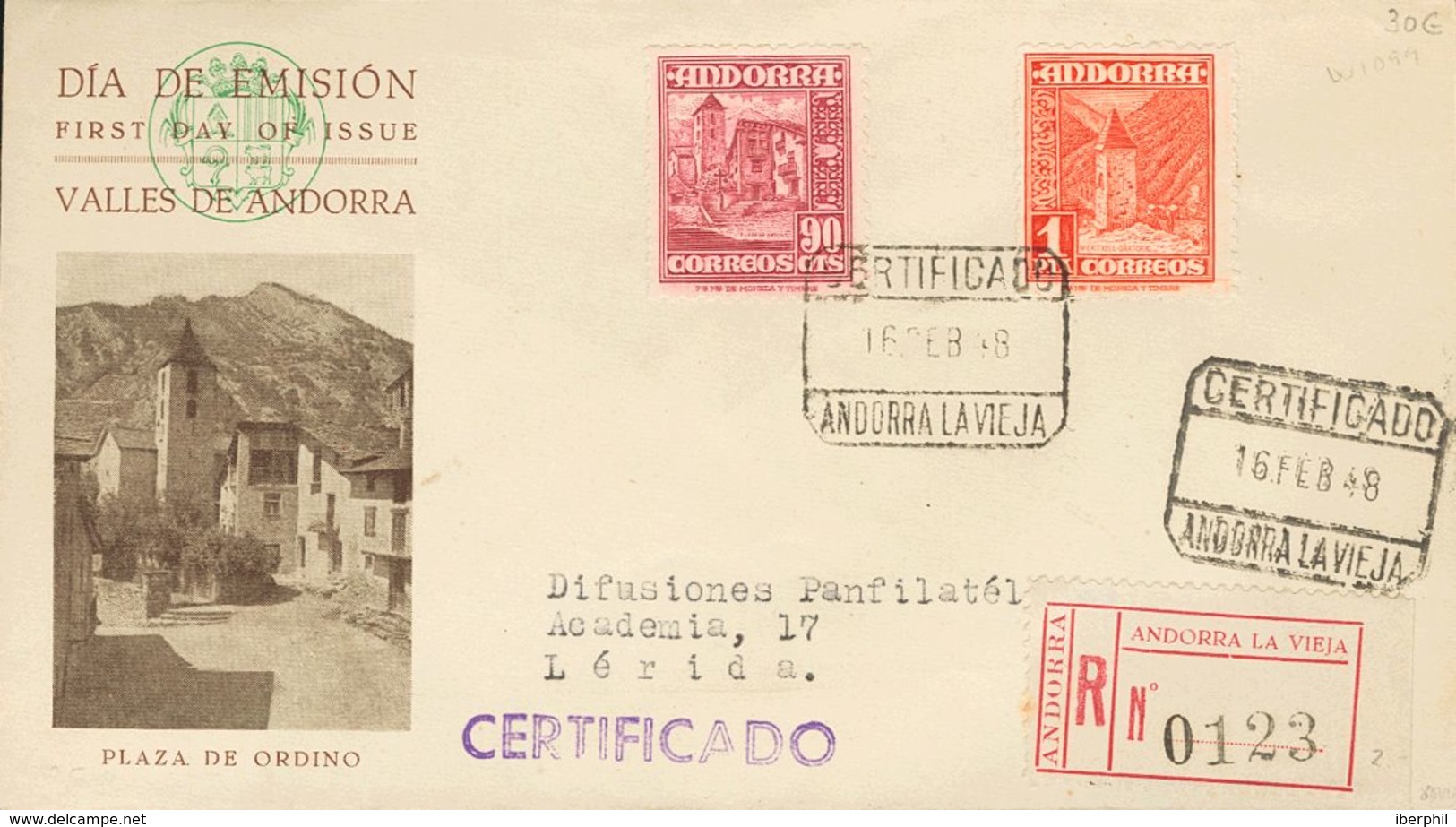 Sobre 53, 54. 1948. 90 Cts Lila Rosa Y 1 Pts Bermellón. Certificado De ANDORRA LA VIEJA A LERIDA. Al Dorso Llegada. MAGN - Other & Unclassified