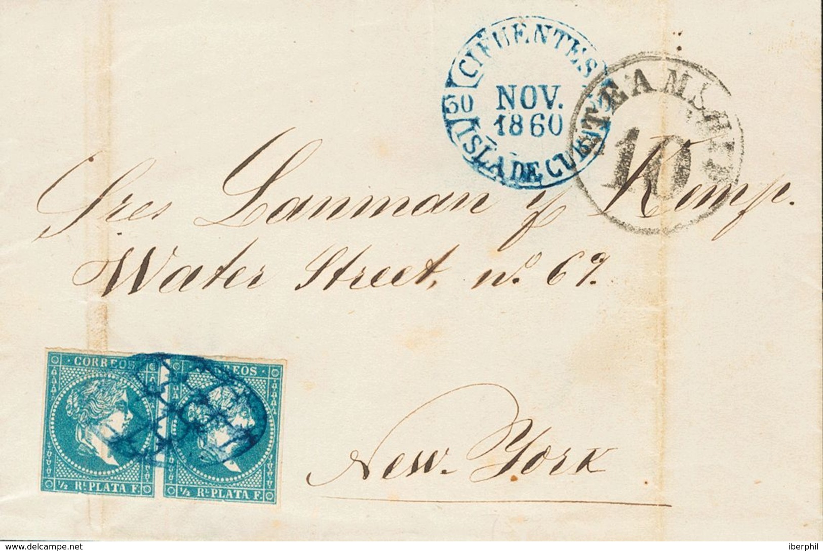 Sobre Yv Ant.7. 1860. ½ Real Azul, Pareja (un Sello Doblez De Archivo). CIFUENTES A NUEVA YORK (U.S.A.). Matasello PARRI - Autres & Non Classés