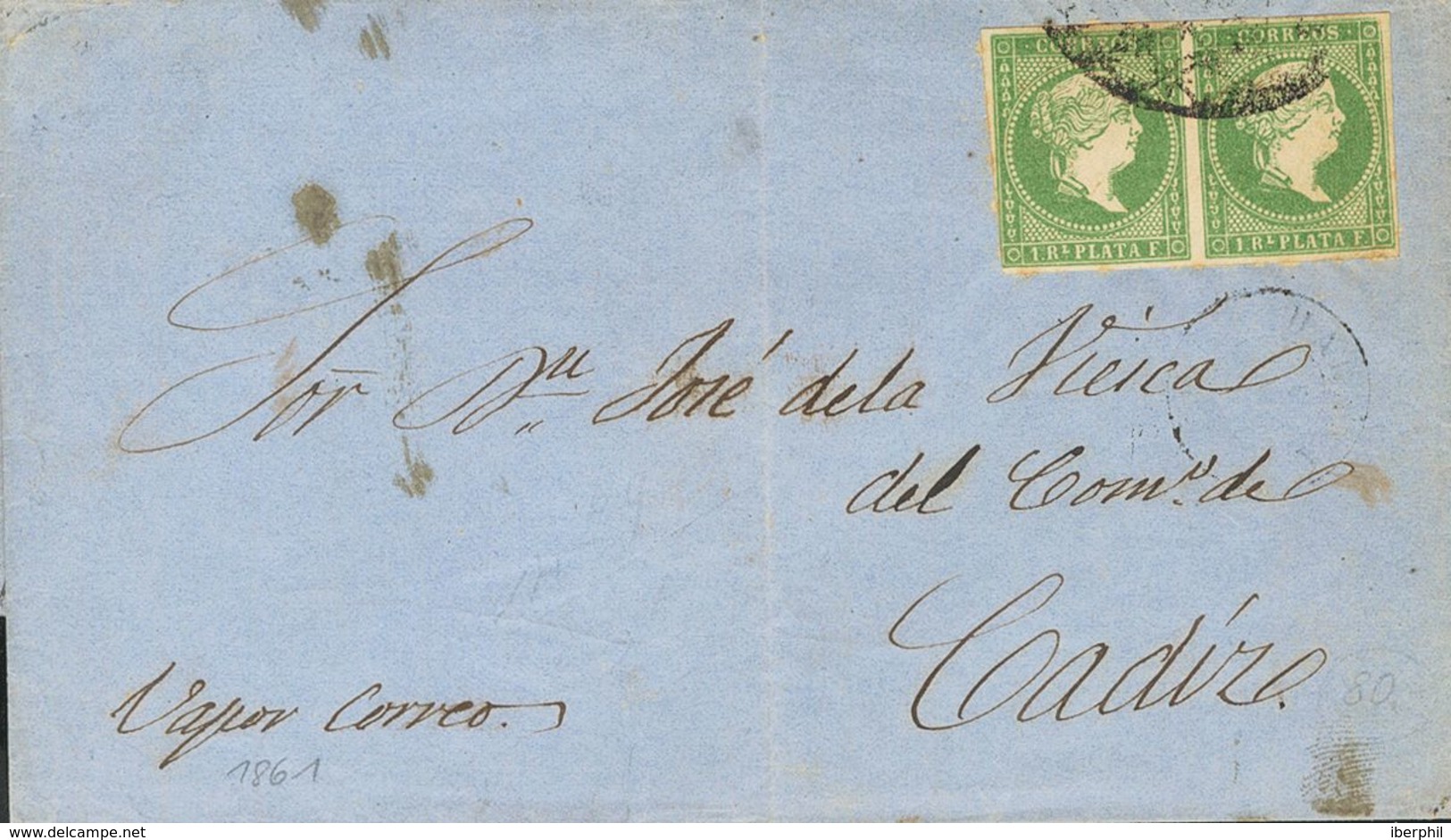 Sobre Ant.8. 1861. 1 Real Verde, Pareja. LA HABANA A CADIZ. En El Frente Fechador HABANA Y Manuscrito "Vapor Correo", Al - Sonstige & Ohne Zuordnung