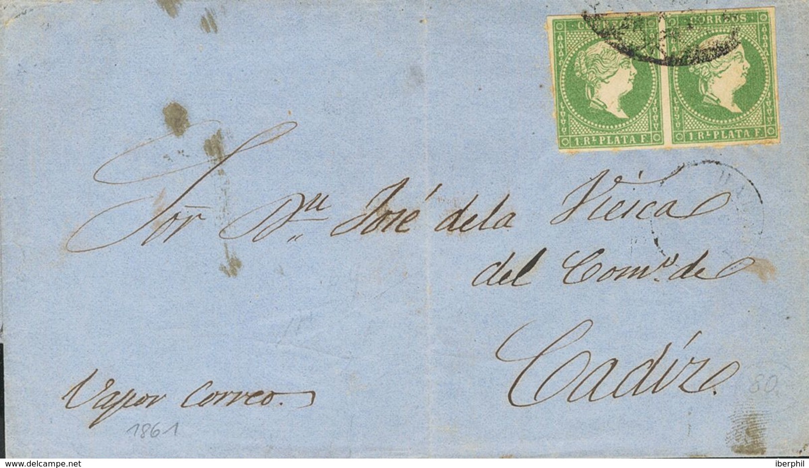 Sobre Ant.8. 1861. 1 Real Verde, Pareja. LA HABANA A CADIZ. En El Frente Fechador HABANA Y Manuscrito "Vapor Correo", Al - Autres & Non Classés
