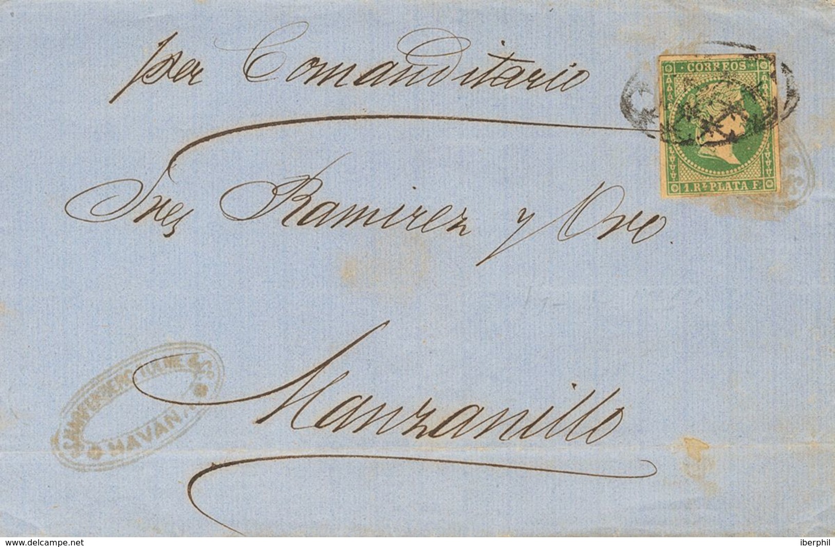 Sobre Yv Ant.8. 1864. 1 Real Verde. LA HABANA A MANZANILLO. Matasello PARRILLA COLONIAL Y En El Frente Manuscrito "Per C - Autres & Non Classés