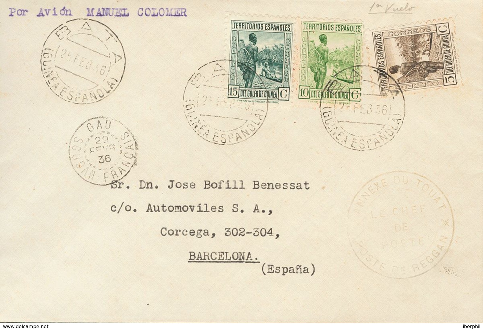 Sobre 246, 247, 248. 1936. 5 Cts Castaño, 10 Cts Verde Y 15 Cts Azul Verdoso. Correo Aéreo De BATA A BARCELONA. 1º Vuelo - Autres & Non Classés