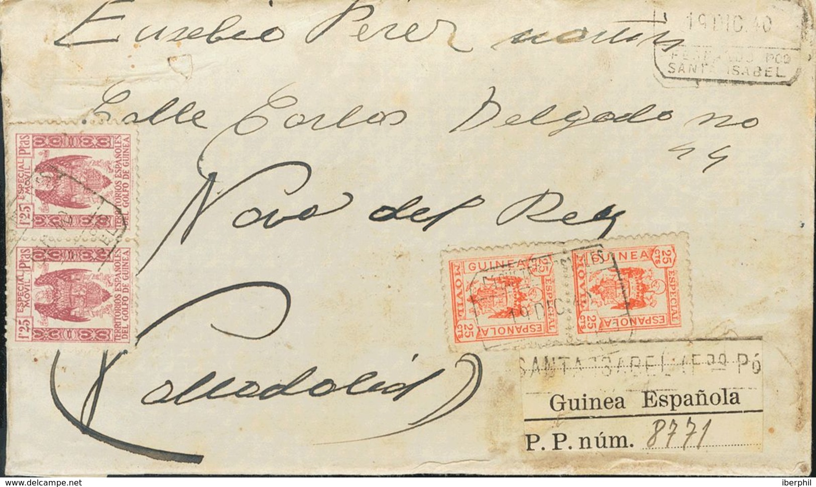 Sobre . 1940. Sellos Fiscales De Guinea De 25 Cts Rojo Y 1'25 Pts Violeta, En Parejas. Paquete Postal Certificado De SAN - Sonstige & Ohne Zuordnung