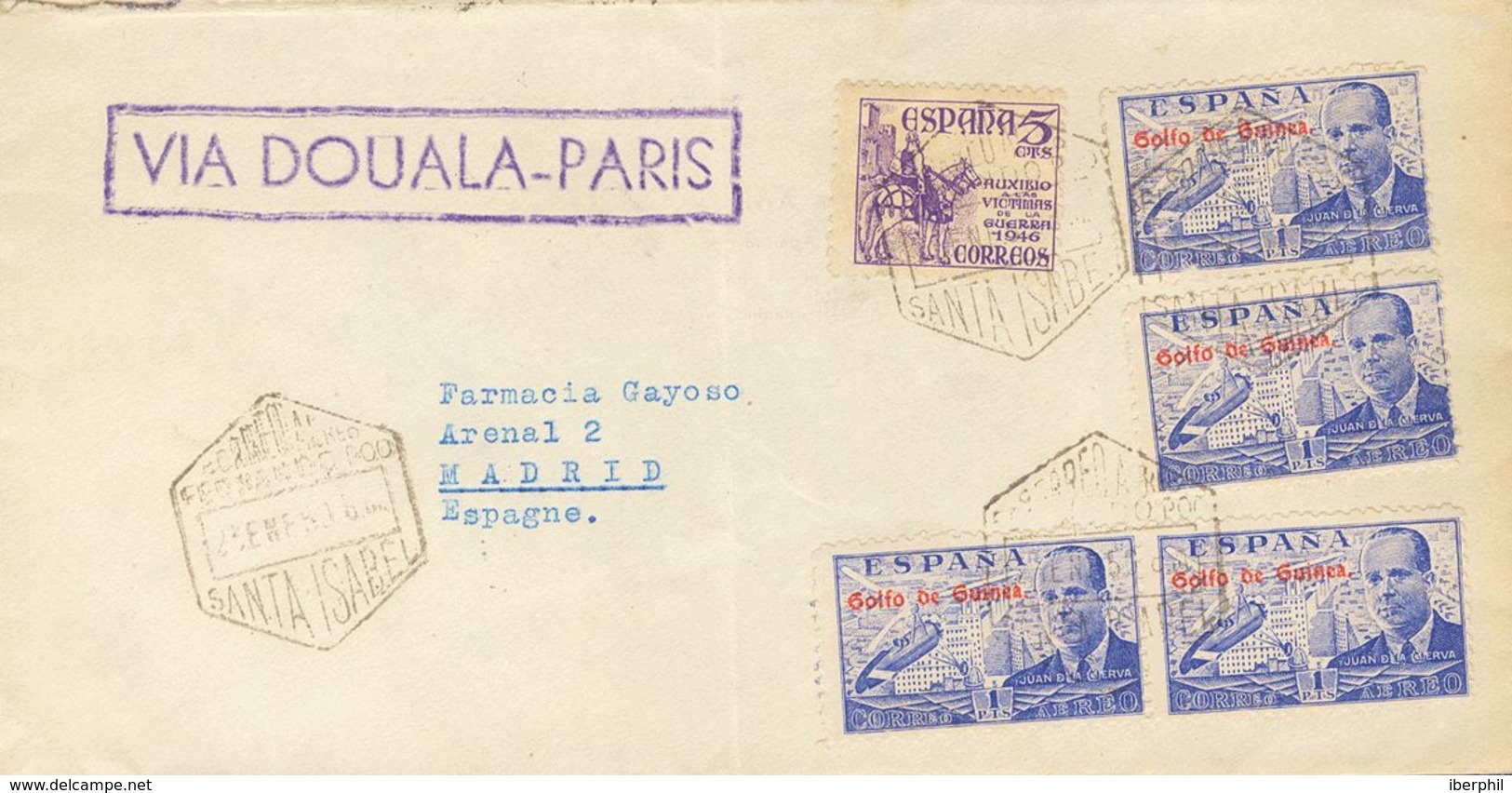 Sobre 268(4). 1950. 1 Pts Azul, Cuatro Sellos Y 5 Cts Violeta. Correo Aéreo De SANTA ISABEL A MADRID. En El Frente Marca - Autres & Non Classés